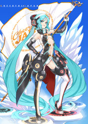 Rule 34 | 1girl, aqua eyes, aqua hair, ban! (bansankan), bare shoulders, boots, center opening, elbow gloves, flag, gloves, hand on own hip, hatsune miku, headphones, high heels, highres, hip focus, long hair, shoes, solo, speaker, standing, thigh boots, thighhighs, twintails, very long hair, vocaloid, wings