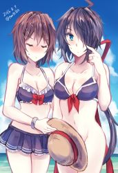 Rule 34 | 10s, 2016, 2girls, adapted costume, ahoge, artist name, bare arms, bare shoulders, bikini, black bikini, black skirt, blue eyes, blue sky, blush, bottomless, breasts, brown hair, cleavage, collarbone, covering privates, covering crotch, dated, day, closed eyes, frilled bikini, frills, furutaka (kancolle), hair ornament, hair over one eye, hairclip, hat, unworn hat, unworn headwear, holding, holding hat, jewelry, kabocha torute, kako (kancolle), kantai collection, long hair, looking at viewer, low ponytail, medium breasts, multiple girls, navel, nose blush, ring, scratching cheek, short hair, skirt, sky, standing, stomach, sun hat, sweatdrop, swimsuit, twitter username, very long hair, wristband