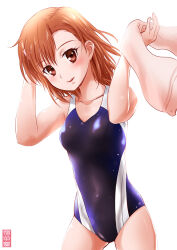 Rule 34 | 1girl, 2020, 20s, bare shoulders, blue one-piece swimsuit, blush, breasts, brown eyes, brown hair, collarbone, competition school swimsuit, covered navel, cowboy shot, groin, hair ornament, hairclip, hands up, head tilt, holding, holding towel, light smile, maira gen, matching hair/eyes, misaka mikoto, one-piece swimsuit, parted bangs, parted lips, school swimsuit, short hair, signature, skin tight, small breasts, solo, standing, sunlight, swimsuit, thighs, toaru kagaku no railgun, toaru majutsu no index, tokiwadai school swimsuit, towel, white background