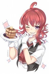 Rule 34 | 1girl, ahoge, arashi (kancolle), biting, black vest, blouse, butter, food, gloves, grin, highres, kantai collection, looking at viewer, lzd, neck ribbon, neckerchief, pancake, red hair, red ribbon, ribbon, school uniform, shirt, short sleeves, smile, solo, twitter username, upper body, vest, white background, white gloves, white shirt