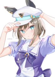 Rule 34 | 1girl, adjusting clothes, adjusting headwear, arm up, blurry, breasts, brown hair, character request, cheval grand (umamusume), closed mouth, commentary request, depth of field, green eyes, hand up, hat, hat belt, highres, looking at viewer, medium breasts, moko (mokochisa), puffy short sleeves, puffy sleeves, purple shirt, school uniform, shirt, short sleeves, simple background, solo, tracen school uniform, umamusume, upper body, white background, white hat