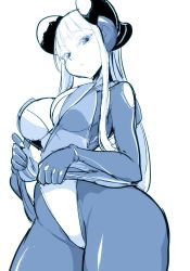 Rule 34 | 1girl, bodysuit, breasts, cleavage, clothes lift, dress, electro emilia, headgear, ken (koala), leotard, long hair, looking at viewer, medium breasts, monochrome, original, short dress, simple background, skin tight, skirt, skirt lift, solo, white background, wide hips