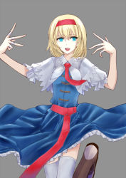 Rule 34 | 1girl, alice margatroid, blonde hair, blue eyes, capelet, cross-laced footwear, female focus, frills, hairband, hibino nozomu, long skirt, necktie, open mouth, outstretched arms, romio, short hair, simple background, skirt, solo, thighhighs, touhou
