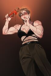 Rule 34 | 1girl, abs, absurdres, agalssamul, belt, belt buckle, biceps, blood, blood drip, bra, breasts, brown pants, buckle, cleavage, from below, hand on own face, highres, holding, holding wrench, korean commentary, light brown hair, light smile, lips, looking at viewer, medium breasts, medium hair, missing eye, multiple scars, muscular, muscular female, navel, no shirt, one-eyed, original, pants, red eyes, scar, scar on arm, scar on breasts, scar on face, solo, underwear, wrench