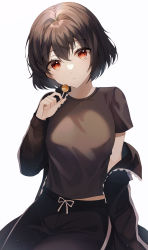 Rule 34 | 1girl, absurdres, black jacket, black pants, black shirt, breasts, brown hair, closed mouth, commentary request, food, frown, hand up, highres, huge filesize, jacket, long sleeves, looking at viewer, medium breasts, off shoulder, original, pants, shirt, short hair, short sleeves, simple background, sitting, solo, tess (88884), white background