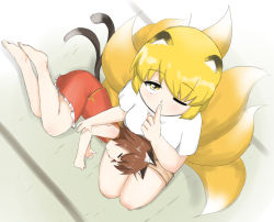 Rule 34 | 2girls, adapted costume, alternate costume, animal ears, bare arms, barefoot, blonde hair, brown hair, cat ears, cat tail, chen, commentary request, closed eyes, finger to mouth, fox ears, fox tail, from above, lap pillow, lying, lying on lap, multiple girls, multiple tails, nekomata, nishishi, no headwear, on side, one eye closed, shirt, short sleeves, shushing, sitting, skirt, sleeping, sleeveless, sleeveless shirt, tail, tatami, touhou, yakumo ran, yellow eyes