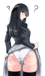 Rule 34 | 1girl, ?, ass, black shirt, black thighhighs, blunt bangs, bruise, clothes lift, glasses, gluteal fold, injury, lifted by self, long hair, long sleeves, looking at viewer, looking back, open mouth, original, panties, pleated skirt, shirabe shiki, shirt, simple background, skirt, skirt lift, slap mark, solo, spanked, standing, thighhighs, underwear, white background, white panties, yellow eyes
