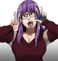 Rule 34 | 0odrosselo0, ahegao, bitchi-chan, black-framed eyewear, blue eyes, breasts, cigarette pack, cleavage, double v, eyebrows hidden by hair, fingernails, fishnets, forked tongue, glasses, gradient background, hime cut, holding, holding cigarette pack, holding lighter, lighter, lip piercing, long fingernails, multicolored hair, open mouth, original, piercing, purple hair, red nails, red shirt, shirt, simple background, streaked hair, tongue, tongue piercing, upper body, v