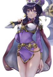 Rule 34 | 1girl, absurdres, armor, axe, battle axe, belt, black hair, breastplate, cape, dress, fire emblem, fire emblem: genealogy of the holy war, fire emblem heroes, hat, highres, holding, holding axe, holding weapon, howaito gyuunyuu, larcei (fire emblem), long sleeves, looking at viewer, nintendo, official alternate costume, open mouth, over shoulder, purple dress, purple eyes, short dress, short hair, shoulder armor, sidelocks, solo, thigh strap, thighs, weapon, white background