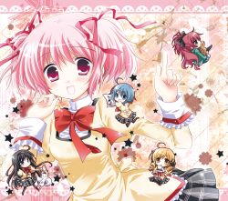 Rule 34 | 10s, 5girls, akemi homura, blush, chibi, cup, food, grabbing another&#039;s ear, hand on another&#039;s ear, kaname madoka, kyubey, mahou shoujo madoka magica, mahou shoujo madoka magica (anime), miki sayaka, multiple girls, musical note, pantyhose, pink eyes, pink hair, pointing, sakura kyoko, saucer, school uniform, smile, star (symbol), taiyaki, teacup, thighhighs, tomoe mami, twintails, wagashi, white-brown