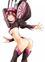 Rule 34 | 1girl, :d, ass, black headwear, black shirt, black thighhighs, blush, breasts, c-string, commentary, cropped shirt, from behind, from side, grin, hair between eyes, hair up, hat, heart, jakuzure nonon, kill la kill, long sleeves, looking at viewer, looking to the side, medium breasts, open mouth, pink eyes, pink hair, pink shirt, pink thighhighs, shako cap, shirt, sideboob, sidelocks, simple background, smile, speaker, strapless bottom, jakuzure nonon (symphony regalia), taiyaki a, thighhighs, white background