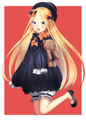 Rule 34 | 1girl, abigail williams (fate), black bow, black dress, black footwear, black hat, blonde hair, bloomers, blush, bow, dearonnus, dress, fate/grand order, fate (series), full body, hair bow, hands in opposite sleeves, hat, highres, holding, holding stuffed toy, hugging object, jumping, long sleeves, looking at viewer, orange bow, parted bangs, red background, stuffed animal, stuffed toy, teddy bear, underwear, white bloomers
