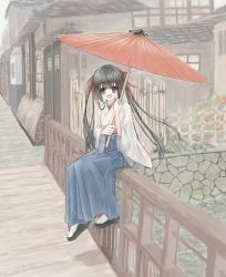 Rule 34 | 1girl, :d, architecture, blue hakama, blush, bridge, brown eyes, brown hair, building, canal, clog sandals, coluel, east asian architecture, eyebrows, flower, foot dangle, full body, hakama, hakama skirt, holding, holding umbrella, japanese clothes, long hair, long sleeves, looking at viewer, oil-paper umbrella, on railing, open mouth, original, outdoors, railing, ribbon, sandals, sitting, skirt, smile, solo, tabi, twintails, umbrella, very long hair, water, zouri