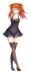 Rule 34 | 1girl, absurdres, arms behind back, bare arms, bare shoulders, black dress, blue hair, breasts, brown thighhighs, cleavage, collarbone, covered navel, crossed legs, curvy, dress, full body, hair ornament, highres, long sleeves, looking at viewer, neon genesis evangelion, open mouth, see-through, see-through dress, shiny skin, sleeveless, sleeveless dress, smile, solo, souryuu asuka langley, sunege (hp0715), thighhighs, two side up, wide hips, zettai ryouiki