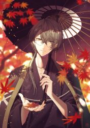 Rule 34 | 1boy, arms up, autumn leaves, bespectacled, black cape, black kimono, black ribbon, blurry, brown hair, cape, crossed bangs, depth of field, earrings, falling leaves, glasses, hair between eyes, hair over shoulder, hair ribbon, highres, holding, holding leaf, holding umbrella, japanese clothes, jewelry, kagami hayato, kashima yue, kimono, leaf, light particles, long hair, looking at viewer, low ponytail, male focus, maple leaf, nijisanji, oil-paper umbrella, ribbon, round eyewear, smile, solo, straight-on, tree, umbrella, upper body, virtual youtuber, yellow eyes