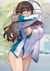 Rule 34 | 1girl, ahoge, black hair, blue eyes, blurry, breasts, commentary request, competition swimsuit, cowboy shot, depth of field, highleg, highleg swimsuit, highres, hood, hooded jacket, hoodie, jacket, large breasts, leaf, long hair, one-piece swimsuit, open clothes, open jacket, original, shino yoshihisa, solo, swimsuit, white jacket, white one-piece swimsuit