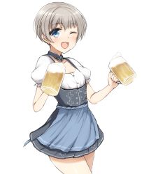 Rule 34 | 10s, 1girl, ;d, alcohol, apron, beer, beer mug, blue apron, blue eyes, cup, dirndl, don (29219), dress, german clothes, kantai collection, mug, one eye closed, open mouth, short hair, silver hair, smile, solo, waist apron, z1 leberecht maass (kancolle)
