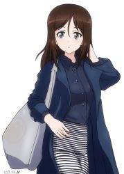 Rule 34 | 1girl, :o, artist name, bag, black skirt, blue coat, blue eyes, blue shirt, brown hair, bukkuri, carrying, casual, coat, collared shirt, commentary, cowboy shot, dated, dress shirt, girls und panzer, hand in own hair, handbag, long hair, long sleeves, looking at viewer, megumi (girls und panzer), open clothes, open coat, parted lips, pencil skirt, shirt, signature, simple background, skirt, solo, standing, striped clothes, striped skirt, swept bangs, white background