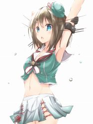 Rule 34 | 10s, 1girl, akisaka yamoka, arms up, blue eyes, blush, breasts, brown hair, cleavage, female focus, gloves, hair ornament, hat, highres, kantai collection, large breasts, maya (kancolle), midriff, miniskirt, navel, open mouth, remodel (kantai collection), short hair, skirt, solo, standing, stretching, uniform, yamoka (mocateria)