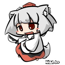 Rule 34 | 1girl, animal ears, artist name, bad id, bad pixiv id, blush stickers, chibi, hat, inubashiri momiji, inunoko., open mouth, red eyes, short hair, simple background, skirt, smile, solo, sword, tail, tokin hat, touhou, weapon, white background, white hair, wolf ears, wolf tail