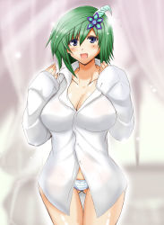 Rule 34 | 1990s (style), 1girl, blue eyes, breasts, cleavage, dress shirt, female focus, final fantasy, final fantasy iv, green hair, indoors, large breasts, aged up, panties, rydia (ff4), shirt, solo, underwear, yasakani an