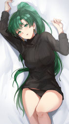 Rule 34 | 1girl, absurdres, asymmetrical bangs, black sweater, blush, breasts, earrings, fire emblem, fire emblem: the blazing blade, green eyes, green hair, high ponytail, highres, jewelry, large breasts, long hair, long sleeves, looking at viewer, lyn (fire emblem), nintendo, ormille, panties, ponytail, sweater, thighs, underwear