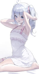 Rule 34 | 1girl, :d, absurdres, ahoge, arms up, blue eyes, blue hair, blush, commission, dress, frilled dress, frills, from side, full body, hair ribbon, heart, heart ahoge, highres, light blue hair, looking at viewer, medium hair, nametarou (meron), open mouth, original, pink ribbon, ribbon, seiza, short dress, sidelocks, simple background, sitting, skeb commission, smile, solo, thigh strap, twintails, white background, white dress