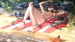 Rule 34 | 1girl, anklet, beach, bikini, black bikini, black hair, black nails, bottle, breasts, brown eyes, closed mouth, crossed legs, day, flower, genshin impact, hair between eyes, hat, hat flower, unworn hat, unworn headwear, hermit crab, holding, holding bottle, hu tao (genshin impact), jewelry, knees up, legs, long hair, lotion, lying, nail polish, navel, on back, one eye closed, outdoors, plum blossoms, ring, sand, sandals, shoes, unworn shoes, small breasts, solo, starfish, stomach, sunscreen, swimsuit, sydus, thighs, toenail polish, toenails, twintails, very long hair