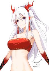 Rule 34 | 1girl, arknights, armpits, bandeau, bare arms, bare shoulders, braid, breasts, cleavage, dragon horns, earrings, eyeshadow, horns, jewelry, long hair, looking at viewer, makeup, medium breasts, midriff, multicolored hair, navel, nian (arknights), pointy ears, ponytail, purple eyes, sidelocks, signature, simple background, smile, solo, stomach, strapless, streaked hair, tube top, unel, upper body, white background, white hair