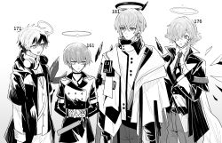 Rule 34 | 4boys, adnachiel (arknights), angel, arene (arknights), arknights, armband, bishounen, coat, cowboy shot, enforcer (arknights), executor (arknights), formal, halo, headphones, headphones around neck, height chart, height difference, iwashi 80, jacket, male focus, mechanical halo, monochrome, multiple boys, necktie, short hair, suit, wings