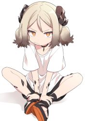 Rule 34 | 1girl, arknights, black choker, black footwear, black shorts, blonde hair, choker, collarbone, demon horns, frown, full body, highres, horns, ifrit (arknights), looking at viewer, material growth, orange eyes, oripathy lesion (arknights), pendant choker, sandals, shirt, short hair, short twintails, shorts, simple background, sitting, solo, twintails, white background, white shirt, yukijiro