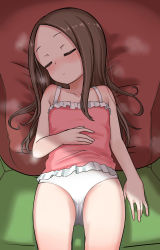 Rule 34 | 1girl, absurdres, bare arms, bare shoulders, blush, brown hair, camisole, child, closed eyes, closed mouth, collarbone, commentary, forehead, frilled camisole, frills, highres, hizashi no naka no real, karakai jouzu no takagi-san, lying, note2000, on back, panties, parted bangs, pillow, pink camisole, sleeping, solo, takagi-san, underwear, underwear only, white panties