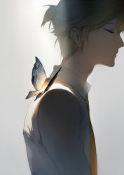 Rule 34 | 1boy, ashorz, backlighting, blonde hair, bug, butterfly, butterfly on shoulder, closed eyes, collared shirt, eyelashes, grey background, insect, kagamine len, long sleeves, male focus, necktie, parted lips, profile, shirt, solo, upper body, vocaloid, white shirt, yellow necktie