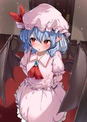Rule 34 | 1girl, absurdres, ascot, bat wings, black wings, blue hair, blush, bow, brooch, collared dress, door, dress, ear blush, ei tantan, frilled dress, frilled hat, frilled sleeves, frills, from above, hat, hat bow, highres, indoors, jewelry, looking to the side, mob cap, nail polish, open mouth, pointy ears, puffy short sleeves, puffy sleeves, red ascot, red eyes, red ribbon, remilia scarlet, ribbon, short hair, short sleeves, shy, solo, standing, touhou, white dress, white hat, wings