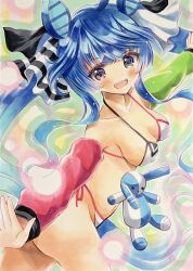 Rule 34 | 1girl, ahoge, animal ears, bikini, black ribbon, blue eyes, blue hair, breasts, commentary, crossed bangs, detached sleeves, from side, hair ribbon, halterneck, heterochromia, highres, horse ears, horse girl, horse tail, long hair, looking at viewer, marker (medium), multicolored sleeves, mupo, open mouth, outstretched arms, purple eyes, ribbon, sharp teeth, side-tie bikini bottom, sidelocks, small breasts, smile, solo, spread arms, standing, stuffed animal, stuffed rabbit, stuffed toy, swimsuit, tail, teeth, traditional media, twin turbo (umamusume), twintails, umamusume, very long hair, white bikini