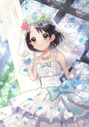 Rule 34 | 1girl, absurdres, black eyes, black hair, blue flower, blue ribbon, blue rose, blush, bow, braid, breasts, brooch, cloud, cloudy sky, collarbone, dot nose, dress, falling petals, flower, gloves, hair bow, hair flower, hair ornament, hand up, highres, idolmaster, idolmaster cinderella girls, idolmaster cinderella girls starlight stage, idolmaster cinderella girls u149, iyuko (iyko 0), jewelry, layered dress, looking at viewer, necklace, petals, red flower, red rose, ribbon, rose, sasaki chie, short hair, sky, small breasts, smile, solo, stained glass, sunlight, tree, veil, wedding dress, white gloves, yellow flower, yellow rose