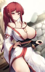 Rule 34 | 1girl, bad id, bad pixiv id, bare shoulders, breasts, cleavage, collarbone, cowboy shot, ddangbi, hand on own hip, highres, japanese clothes, kimono, large breasts, long hair, long sleeves, looking at viewer, obi, original, ponytail, red eyes, red hair, sash, sheath, sheathed, sidelocks, smile, solo, sword, weapon, white kimono, wide sleeves