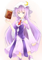 Rule 34 | 1girl, adapted costume, alternate costume, blush, book, breasts, crescent, dress, female focus, hat, inyuppo, long hair, looking at viewer, patchouli knowledge, purple eyes, purple hair, solo, thighhighs, touhou