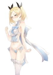 Rule 34 | 10s, 1girl, blonde hair, blue panties, blush, breasts, bridal garter, brown eyes, curvy, frills, full-face blush, grey thighhighs, hair ornament, hairclip, highres, md5 mismatch, navel, panties, resized, ricci, shirobako, simple background, skindentation, solo, standing, thighhighs, twintails, underwear, white background, white thighhighs, yano erika
