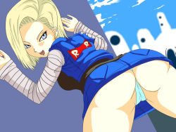 Rule 34 | 1girl, android 18, ass, blonde hair, blue eyes, dragon ball, dragonball z, from behind, looking back, panties, short hair, smile, underwear