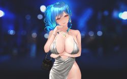 Rule 34 | 1girl, azur lane, backless dress, backless outfit, bag, bare shoulders, blue hair, blue nails, blurry, blurry background, bracelet, breasts, cleavage, closed mouth, dress, earrings, evening gown, grey dress, hair ornament, hairclip, halter dress, halterneck, hand on own chin, handbag, head tilt, highres, jewelry, large breasts, looking at viewer, nail polish, necklace, night, night sky, pink eyes, plunging neckline, revealing clothes, side ponytail, sidelocks, silver dress, sky, smile, st. louis (azur lane), st. louis (luxurious wheels) (azur lane), standing, thighs, tucciao
