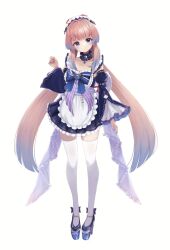 Rule 34 | 1girl, absurdres, adapted costume, alternate costume, apron, blunt bangs, bow, choker, collarbone, commentary request, detached sleeves, enmaided, frilled apron, frilled choker, frilled skirt, frills, full body, genshin impact, gradient hair, high heels, highres, itone 114, long hair, long sleeves, looking at viewer, low twintails, maid, maid apron, maid headdress, multicolored hair, pink hair, ponytail, purple eyes, sangonomiya kokomi, sidelocks, simple background, skirt, solo, standing, thighhighs, twintails, very long hair, vision (genshin impact), white background, white thighhighs, wide sleeves, zettai ryouiki
