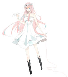 Rule 34 | 1girl, bad id, bad pixiv id, blue eyes, dress, female focus, flower, full body, just be friends (vocaloid), kee, long hair, megurine luka, paper airplane, pink hair, solo, string, string of fate, vocaloid, white background, white dress
