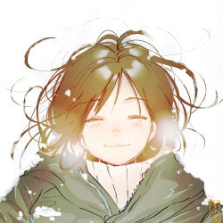 Rule 34 | 1girl, ^ ^, blush, brown hair, closed eyes, closed mouth, closed eyes, facing viewer, green jacket, highres, jacket, messy hair, original, signature, simple background, smile, snow, sofra, solo, sweater, turtleneck, turtleneck sweater, upper body, white background, white sweater
