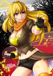 Rule 34 | 10s, 1girl, 2013, artist name, blonde hair, breasts, cleavage, erkaz, fingerless gloves, gloves, grin, jacket, large breasts, midriff, navel, orange thighhighs, purple eyes, rwby, scarf, short shorts, shorts, single thighhigh, smile, solo, thighhighs, yang xiao long