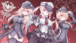 Rule 34 | 10s, 3girls, anchor hair ornament, armpits, bismarck (kancolle), blonde hair, blue eyes, breasts, checkered background, cross, elbow gloves, german text, gloves, graf zeppelin (kancolle), hair ornament, hat, highres, iron cross, kantai collection, large breasts, long hair, looking at viewer, machinery, military, military uniform, multiple girls, nejikirio, one eye closed, pantyhose, prinz eugen (kancolle), sideboob, smile, thighhighs, turret, twintails, uniform