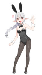 Rule 34 | 1girl, animal ears, bare shoulders, black bow, black bowtie, black footwear, black leotard, black pantyhose, blush, bow, bowtie, breasts, brown eyes, detached collar, earrings, elf, fake animal ears, full body, grey hair, hand up, highres, jewelry, leotard, long braid, long hair, looking at viewer, open mouth, original, pantyhose, playboy bunny, pointy ears, rabbit ears, saiste, simple background, single earring, small breasts, solo, strapless, strapless leotard, waving, white background, wrist cuffs