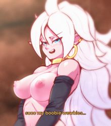 Rule 34 | 1girl, android 21, blue eyes, blush, breasts, bridal gauntlets, choker, dragon ball, dragon ball fighterz, earrings, highres, jewelry, large breasts, long hair, majin android 21, mlix, narrow waist, narrowed eyes, nipples, perky breasts, pointy ears, puffy areolae, puffy nipples, seductive smile, smile, tagme, white hair