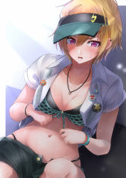 Rule 34 | 1girl, :o, absurdres, badge, bikini, blonde hair, blush, breasts, button badge, cleavage, collarbone, ear piercing, front-tie bikini top, front-tie top, green shorts, hair between eyes, highres, idolmaster, idolmaster shiny colors, jewelry, layered bikini, looking at viewer, medium breasts, navel, necklace, open clothes, open mouth, open shirt, piercing, purple eyes, ring, ring necklace, saijo juri, see-through, shirt, short hair, short sleeves, shorts, sitting, solo, sunlight, swimsuit, tutinako, visor cap, wet, wet clothes, wet shirt, white shirt, wristband