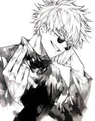 Rule 34 | 1boy, beckoning, fingernails, from side, glasses, gojou satoru, greyscale, grin, hand up, highres, jujutsu kaisen, long sleeves, looking at viewer, looking to the side, male focus, monochrome, nail polish, round eyewear, shirt, simple background, smile, solo, upper body, waltz (tram), white background